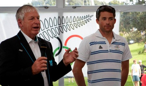 2012 Olympic windsurfer representative JP Tobin with Club President and double Olympian, Ralph Roberts (left) speaking at the Takapuna Boating Club’s function to honour its Olympic competitors in Sailing and Kayaking © SW